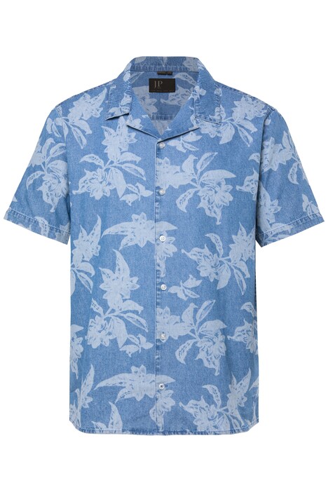 Košile JP 1880 v džínovém stylu, krátké rukávy, cuba límeček, květinový celoplošný potisk, střih Cuba, do velikosti 8XL