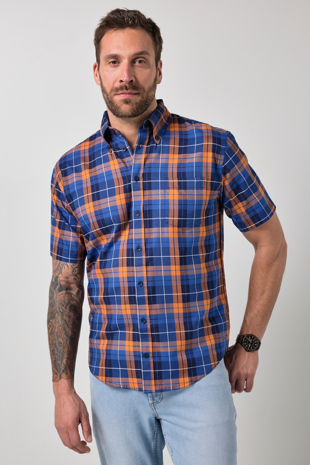geruit overhemd, korte mouw, buttondown-kraag, modern fit, tot 8XL