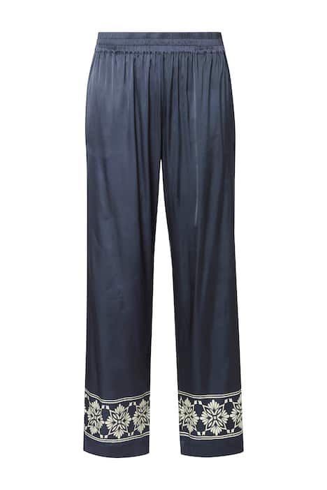 Saténové kalhoty, široké, rovné nohavice, lem, elastický pas