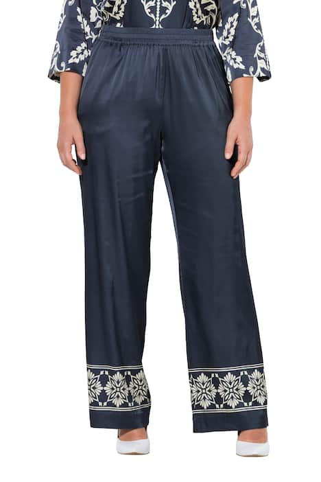 Saténové kalhoty, široké, rovné nohavice, lem, elastický pas