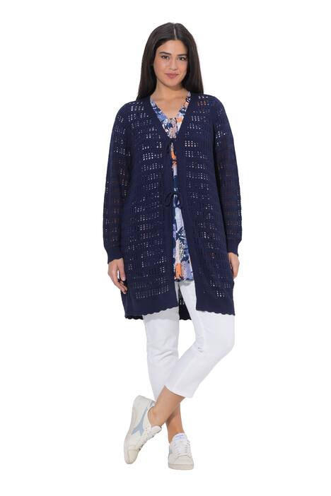 Dlouhý pletený kardigan, zapínání na šňůrky, V výstřih, dlouhé rukávy