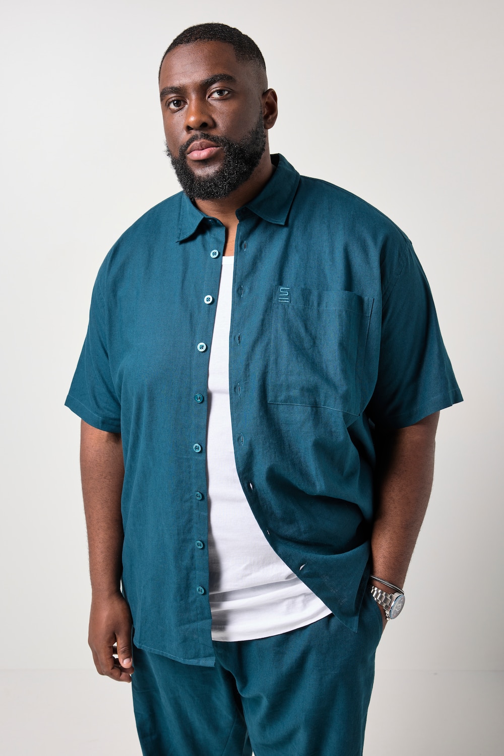 STHUGE Leinenmix-Hemd, Halbarm, Boxy Fit, Kentkragen, bis 8 XL