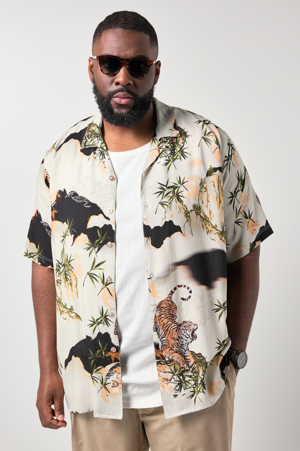 STHUGE Hemd, Halbarm, Kuba-Kragen, Alloverdruck, kastiger Fit, bis 8 XL