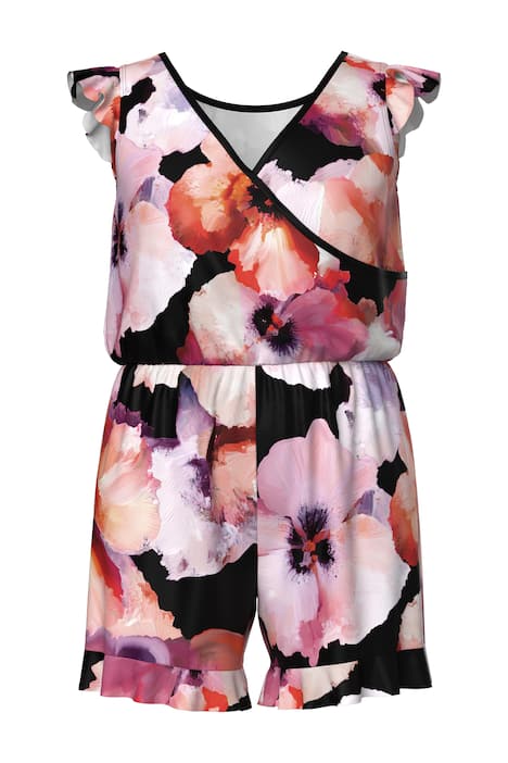 Plavkové šaty, květinový motiv, volánky, měkké košíčky