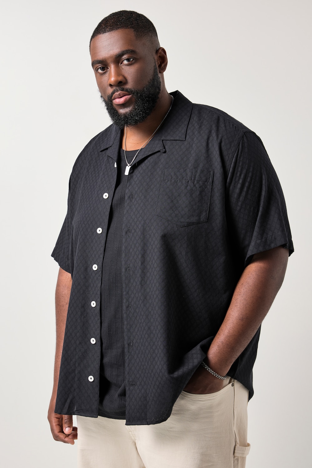 overhemd, korte mouwen, Cubaanse kraag, structuur, boxy fit, tot 8XL