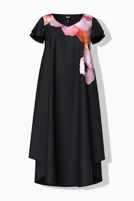 Midi šaty, květinový vzor, áčkový střih, V výstřih, čepičkové rukávy