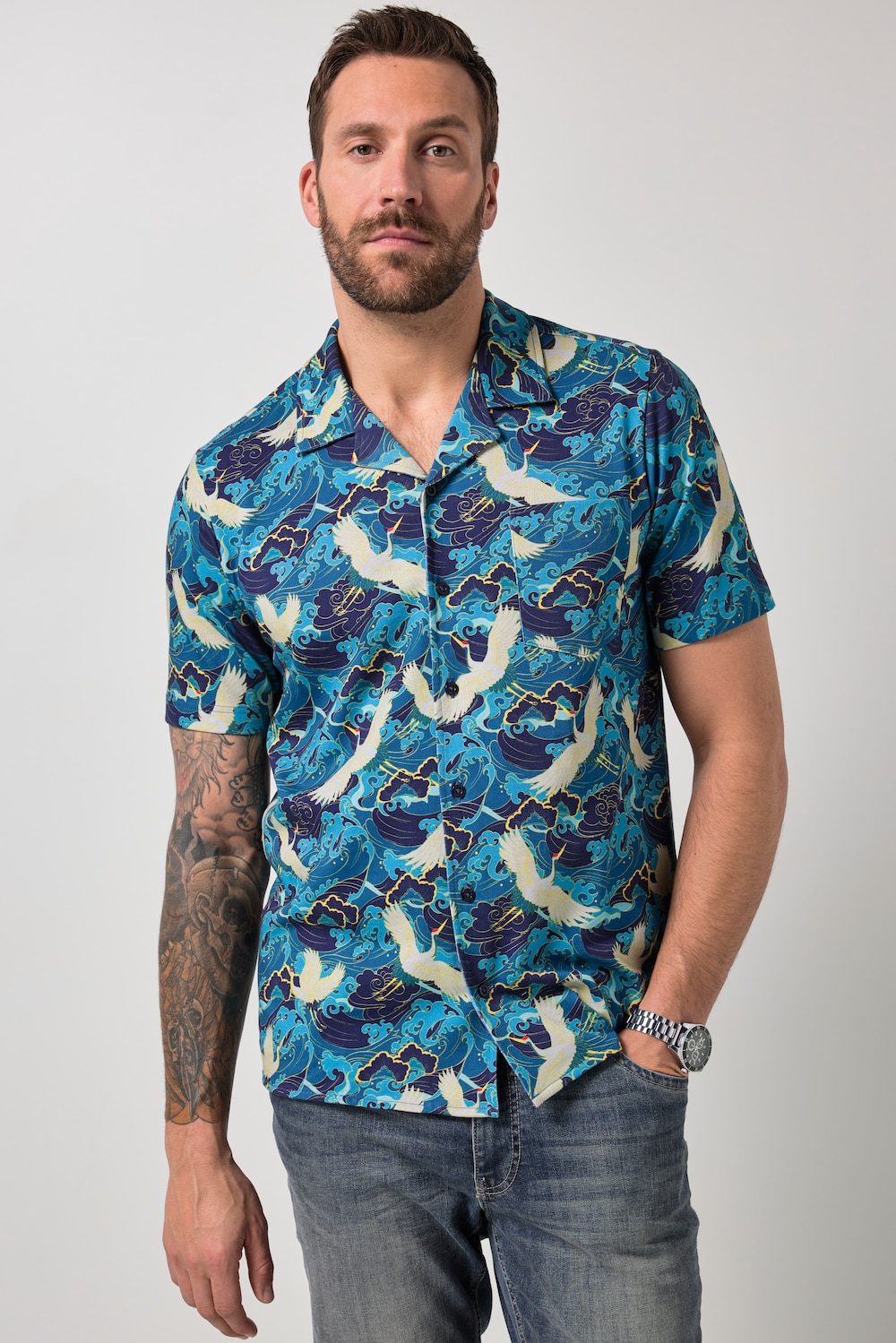 JP1880 jersey overhemd, korte mouwen, Cubaanse kraag, all-over print, Cuba-fit, tot 8XL