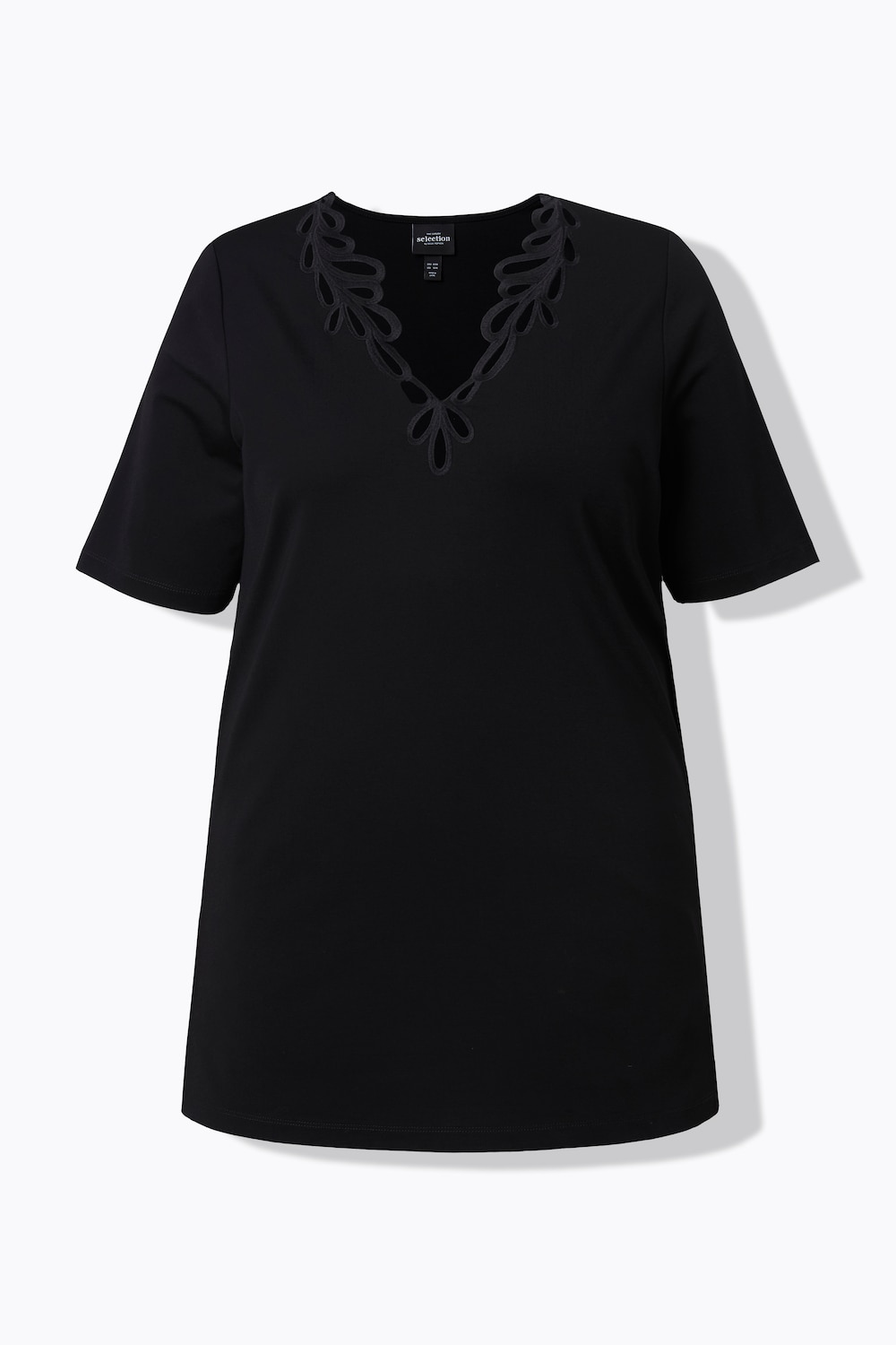 Stora storlekar T-shirt med broderi i A-linjemodell, Dam, svart, storlek: 50/52, Viskos/Syntetfibrer/Elastan, Ulla Popken