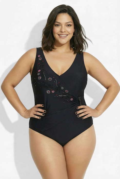 Badeanzug, Wickeleffekt, Softcups, Zierschnalle