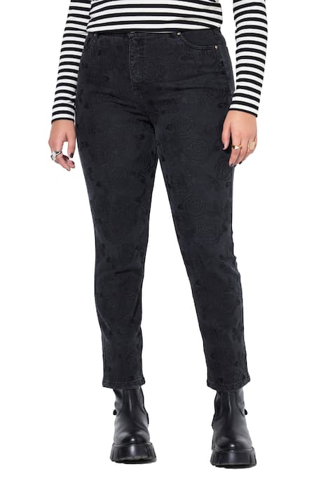 Mom džíny, vpředu květinová výšivka, 5 kapes