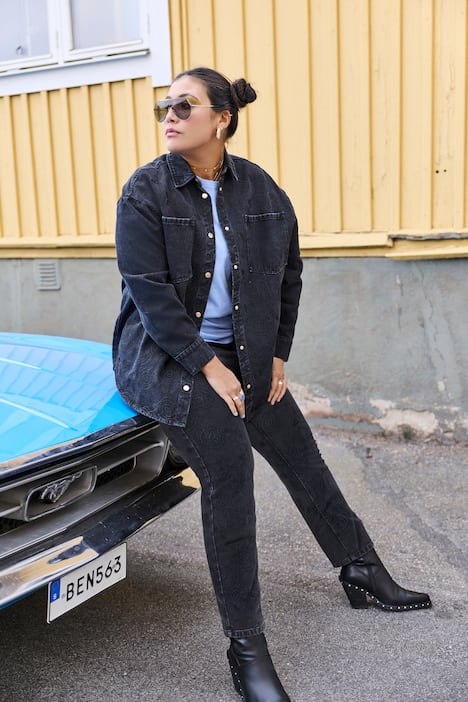 Jeanshemd, oversized, Denim, allover Stickerei