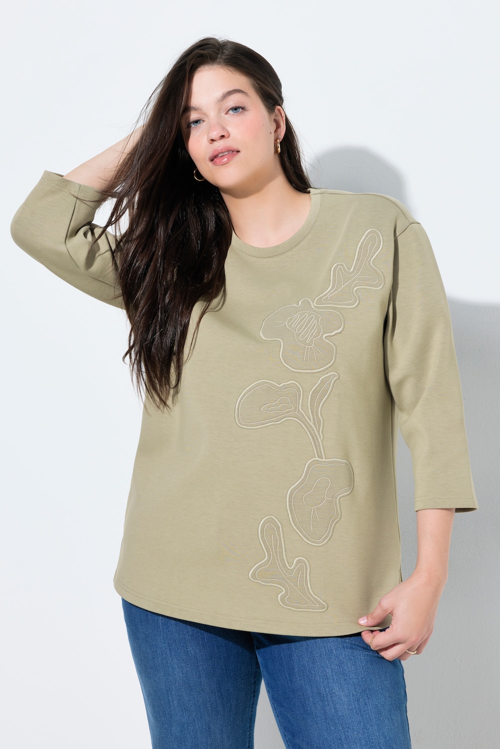 Sweatshirt, Blüten-Applikationen, Rundhals, 3/4-Arm