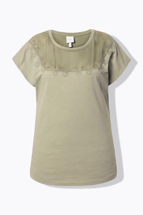 T-shirt, gehaakt inzetstuk, ronde hals, korte mouwen, biologisch katoen