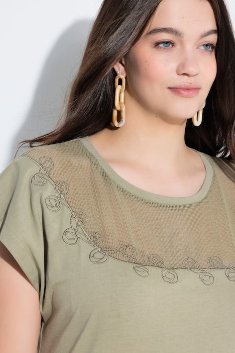 T-shirt, gehaakt inzetstuk, ronde hals, korte mouwen, biologisch katoen