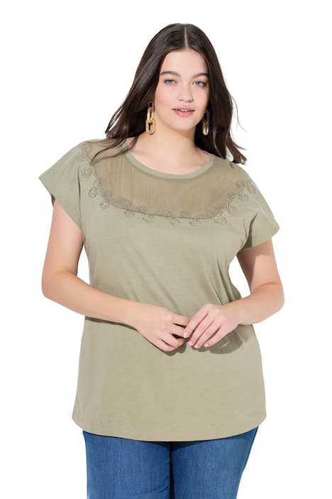 Tričko, háčkovaná vsadka, kulatý výstřih, krátké rukávy, biobavlna