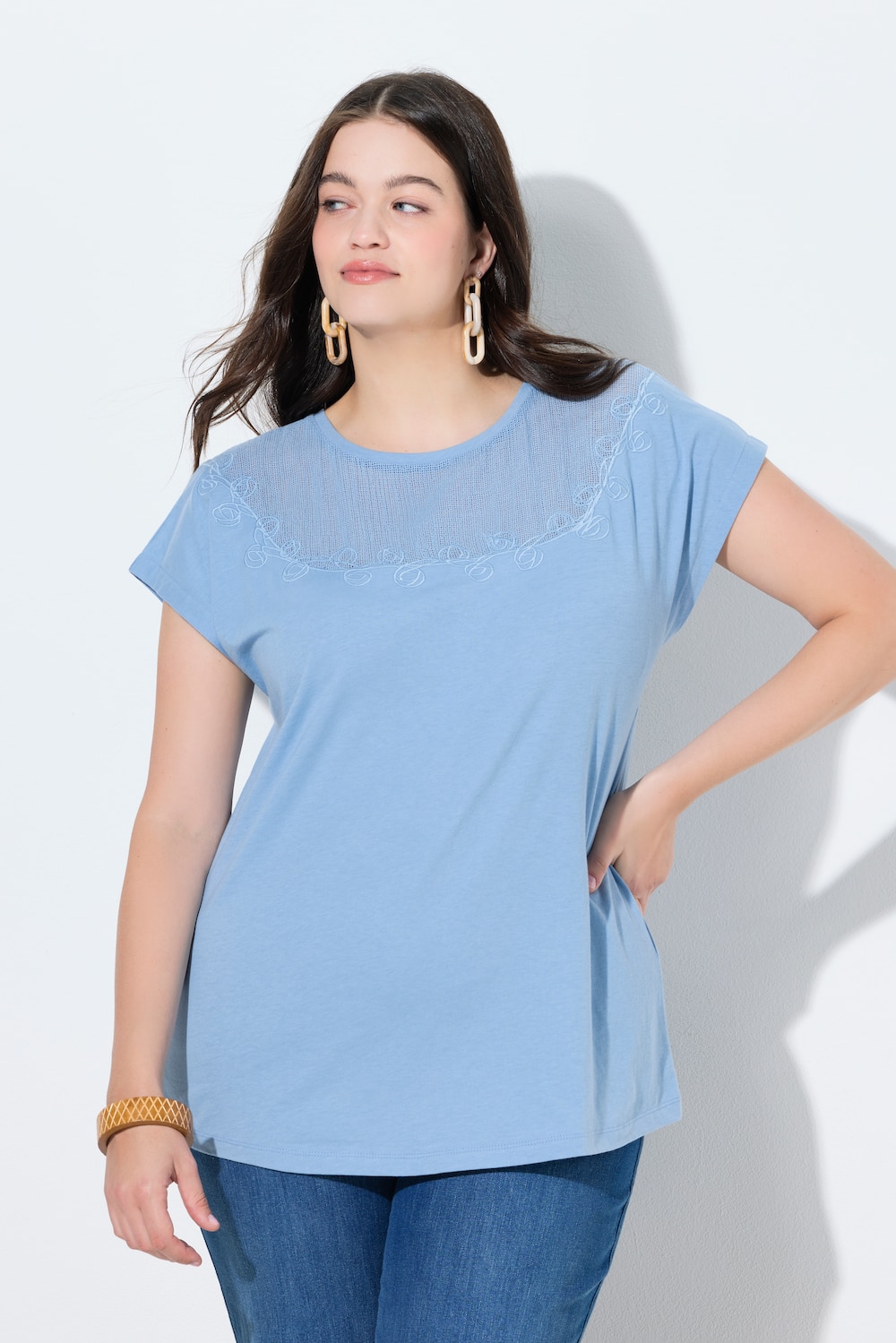 T-Shirt, Häkeleinsatz, Rundhals, Halbarm, Biobaumwolle