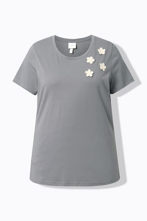 T-shirt, gehaakte bloemen, ronde hals, korte mouwen, biologisch katoen