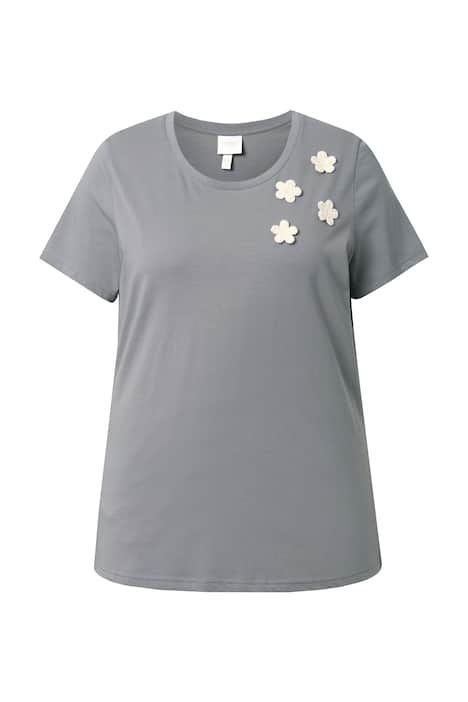 Tričko, háčkované květy, kulatý výstřih, krátké rukávy, biobavlna
