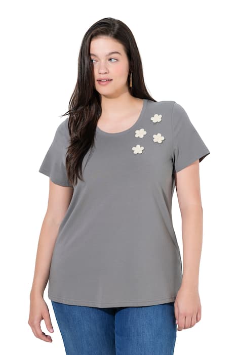 Tričko, háčkované květy, kulatý výstřih, krátké rukávy, biobavlna