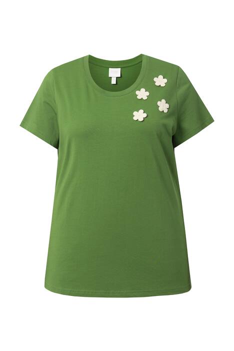 Tričko, háčkované květy, kulatý výstřih, krátké rukávy, biobavlna