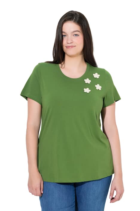 Tričko, háčkované květy, kulatý výstřih, krátké rukávy, biobavlna