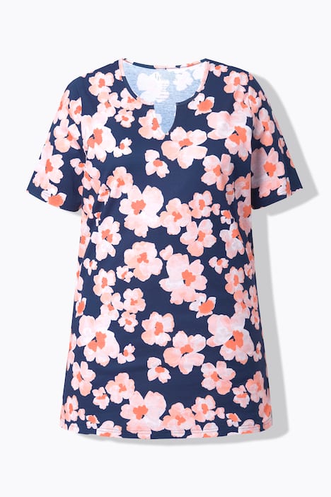 Longshirt, bloemen, A-lijn, tuniekhals, korte mouwen