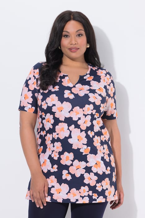 Longshirt, bloemen, A-lijn, tuniekhals, korte mouwen