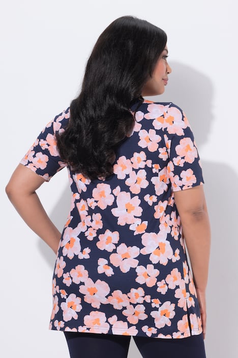 Longshirt, bloemen, A-lijn, tuniekhals, korte mouwen