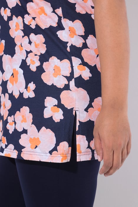 Longshirt, bloemen, A-lijn, tuniekhals, korte mouwen