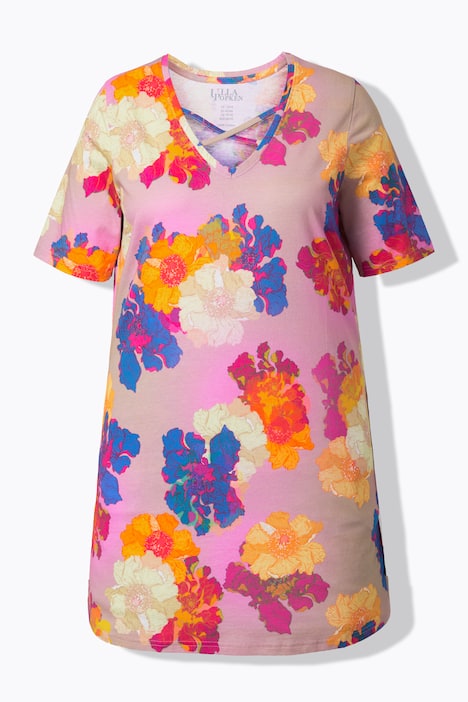 Longshirt, sierbanden, A-lijn, V-hals, korte mouwen