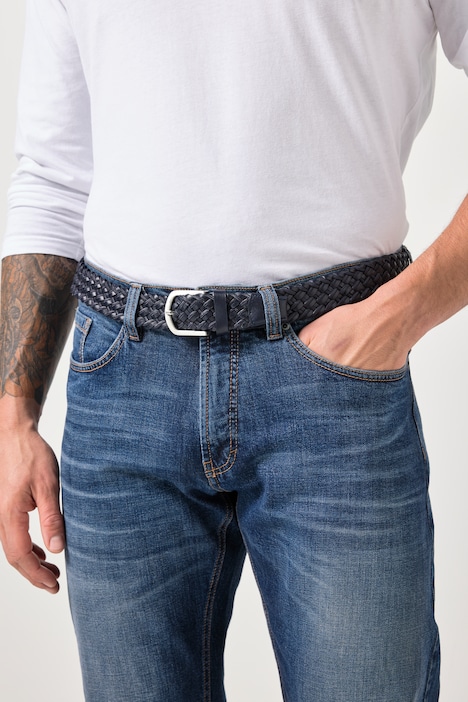 Bälte i flätad design, skinn, stretchig komfort, upp till 170 cm