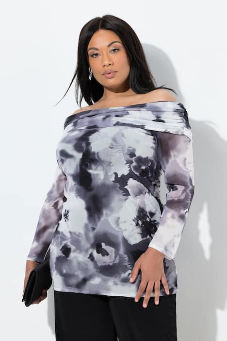 Camiseta, de hombros desnudos, flores, manga larga, malla