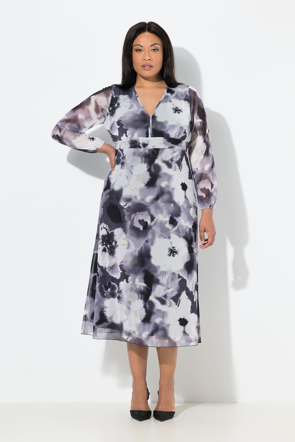 Große Größen Mesh-Maxikleid, Damen, schwarz, Größe: 42, Polyester/Elasthan, Ulla Popken