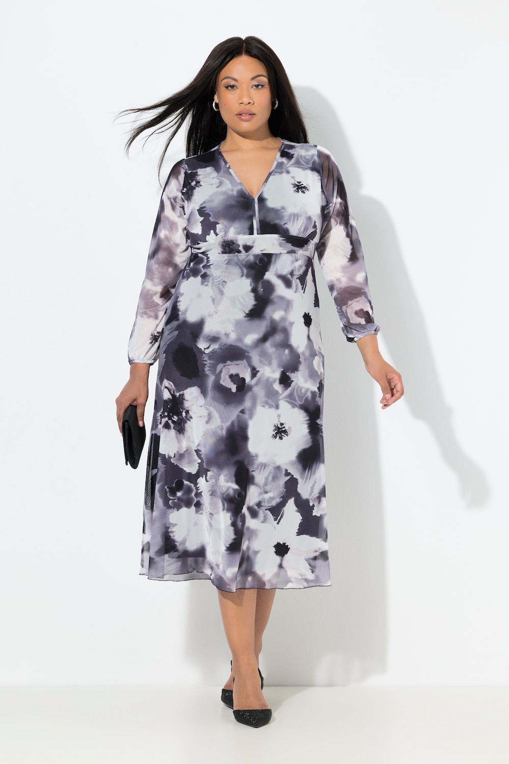 Mesh-Maxikleid, Blüten, A-Linie, V-Ausschnitt, Langarm