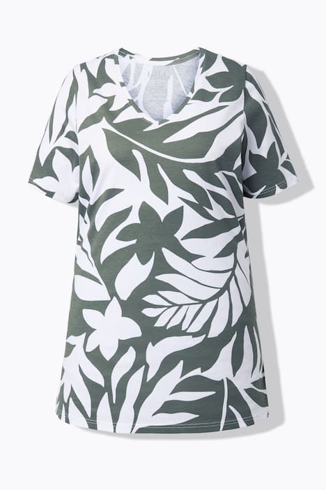 Longshirt, bladeren, A-lijn, V-hals, korte mouwen