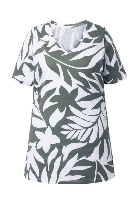 Dlouhé tričko, lístky, A střih, výstřih do V, krátké rukávy