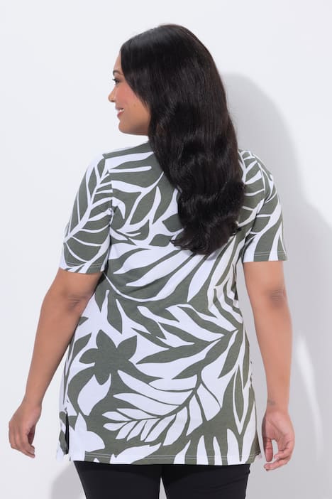 Longshirt, bladeren, A-lijn, V-hals, korte mouwen