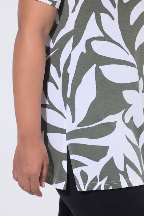 Longshirt, bladeren, A-lijn, V-hals, korte mouwen