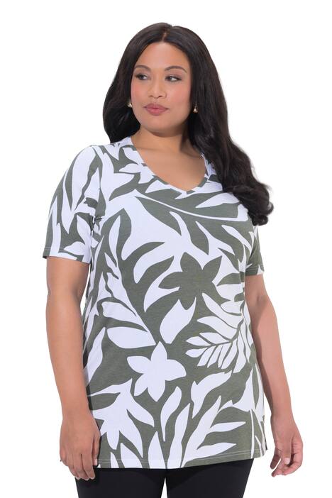 Dlouhé tričko, lístky, A střih, výstřih do V, krátké rukávy