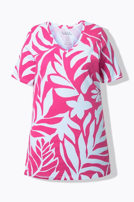 Longshirt, bladeren, A-lijn, V-hals, korte mouwen