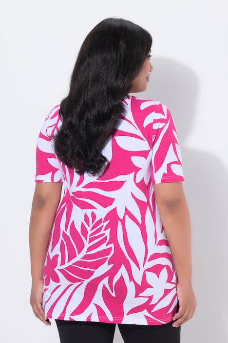 Longshirt, bladeren, A-lijn, V-hals, korte mouwen