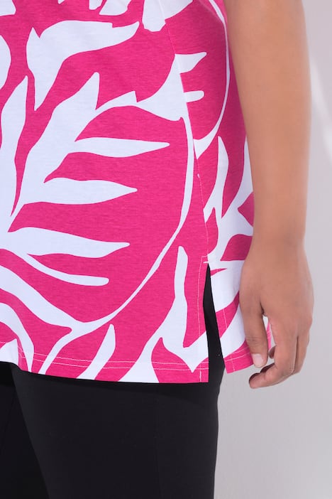 Longshirt, bladeren, A-lijn, V-hals, korte mouwen