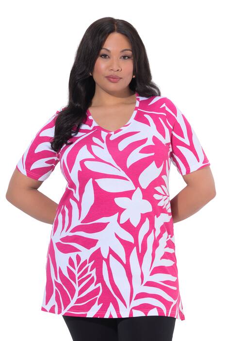 Dlouhé tričko, lístky, A střih, výstřih do V, krátké rukávy