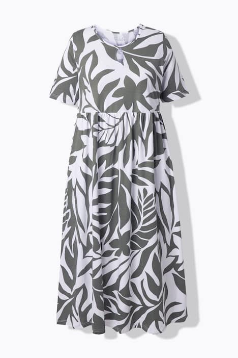 Maxi-jurk, bladeren, A-lijn, ronde hals, korte mouwen