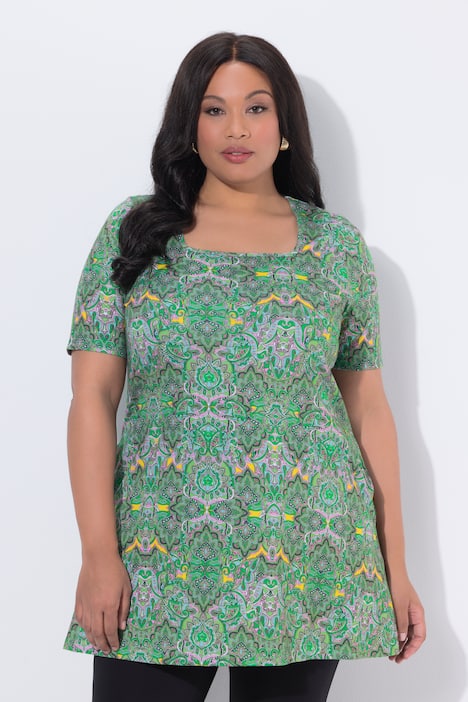 Lang T-shirt, A-form, firkantet udskæring, korte ærmer