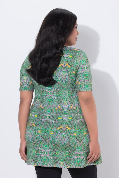 Lang T-shirt, A-form, firkantet udskæring, korte ærmer