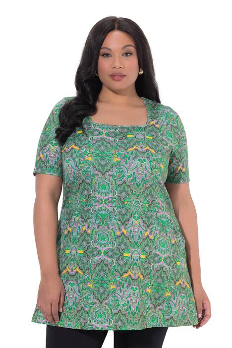 Dlouhé tričko, A střih, hranatý výstřih, krátké rukávy