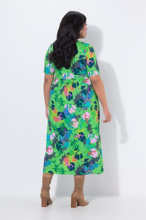 Maxi-jurk, A-lijn, carréhals, korte mouwen, zakken