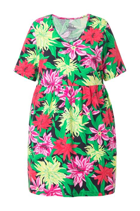 Dlouhé tričko, A střih, květy, výstřih do V, krátké rukávy