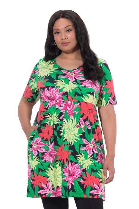 Dlouhé tričko, A střih, květy, výstřih do V, krátké rukávy